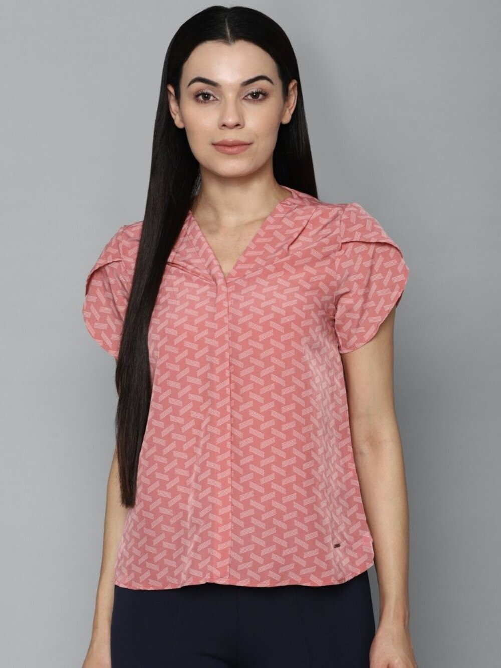 Allen Solly Pink Geometric Print Split Neck Blouse Short Sleeve Top Size L